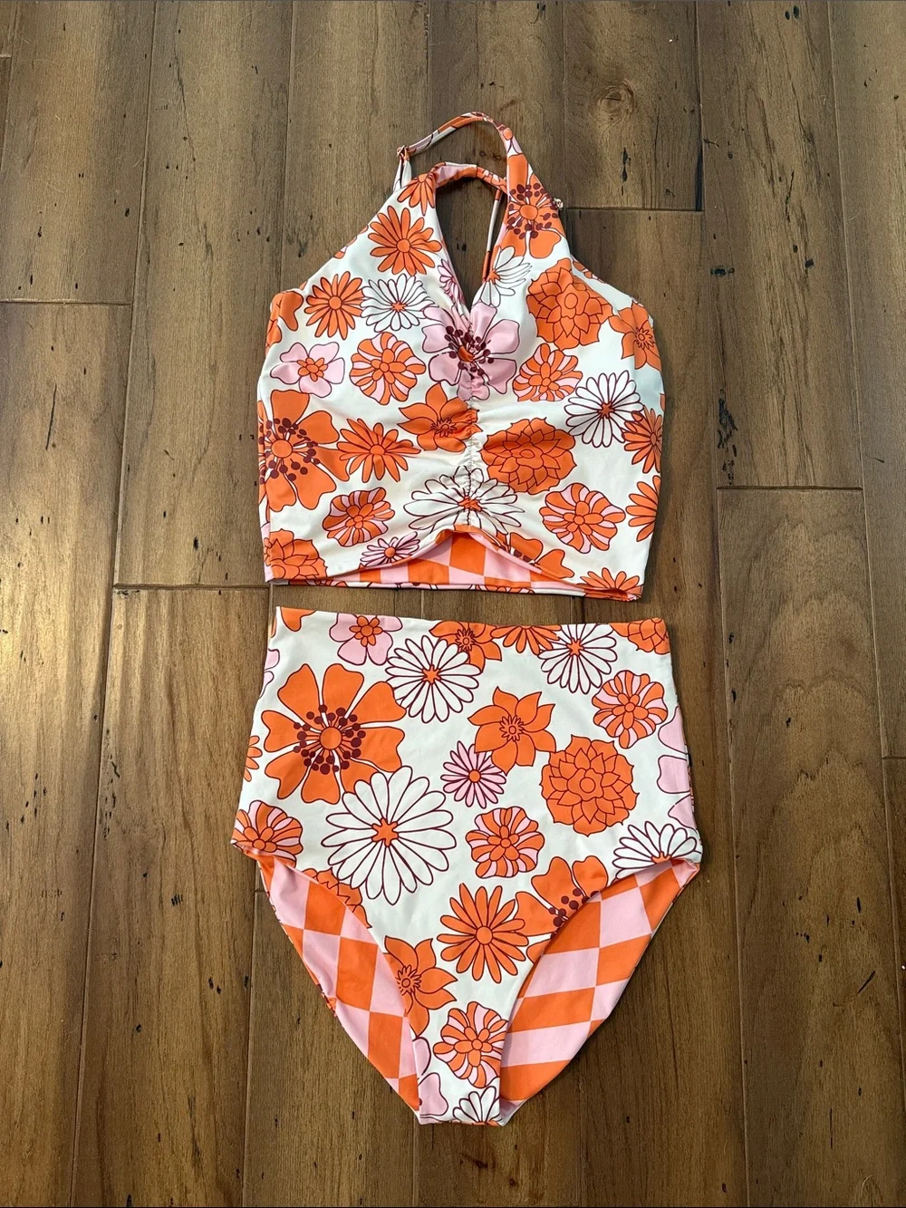 RAD Swim Reversible Retro Floral and Checkered High-Waist Tankini Set